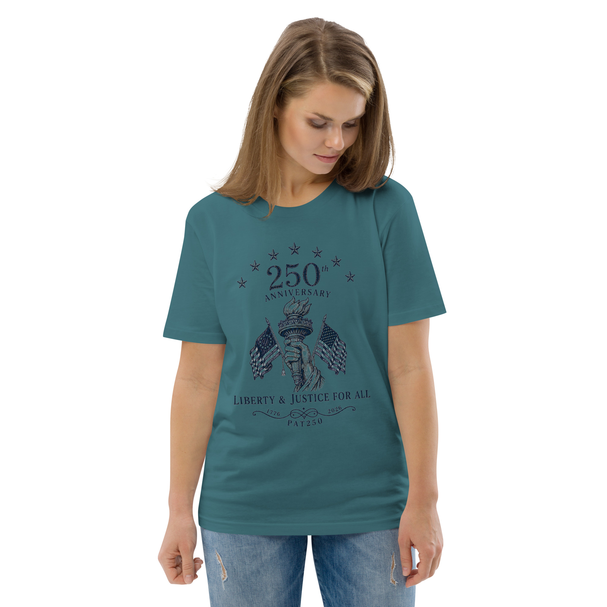 "Liberty & Justice" Large Front Print Only Unisex Organic Cotton T-Shirt - Image 45